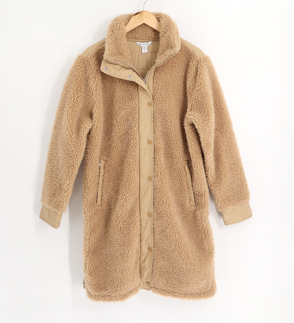 Athleta Sherpa Teddy Coat M Camel Longline Cozy Minimalist Quiet Luxury Winter